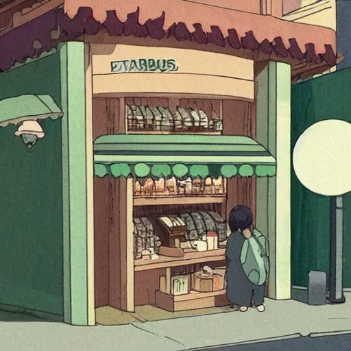 Image similar to starbucks shop with spirited away style, no face man, illustrate, art by ghibli studio