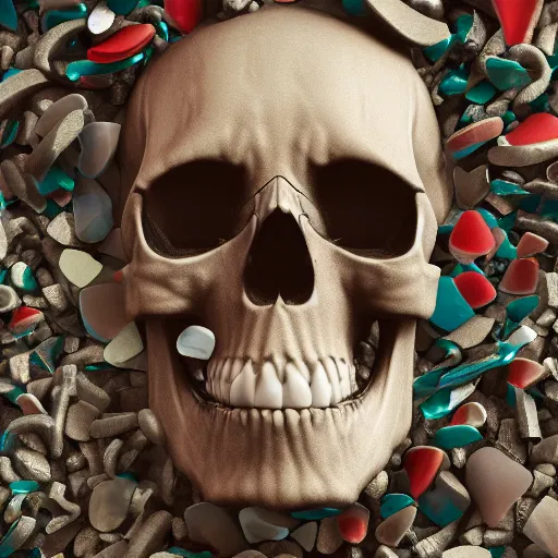 Prompt: octane render, skull made out of pieces of sea glass, cinema 4 d, ray tracing reflections, 4 k, sharp, photorealistic, hyper detailed, cinematic, disco colors