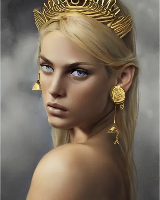 Image similar to tattoo design sketch of hot blonde super model as aphrodite greek goddess wearing a gold laurel wreath and triangle earrings, beautiful piercing gaze with sharp pupils, in the style of greg rutkowski, fantasy, amazing detail, epic, elegant, smooth, sharp focus, front view