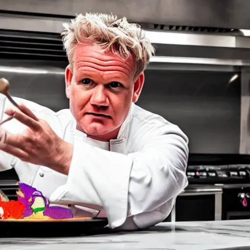 Image similar to hyper real Gordon Ramsey cooking a unicorn in kitchen 4k