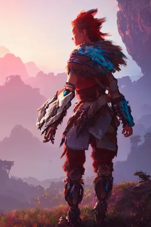 Image similar to combination suit armor aloy horizon forbidden west horizon zero dawn radiating a glowing aura global illumination ray tracing hdr fanart arstation by ian pesty and alena aenami artworks in 4 k tribal robot ninja mask helmet backpack