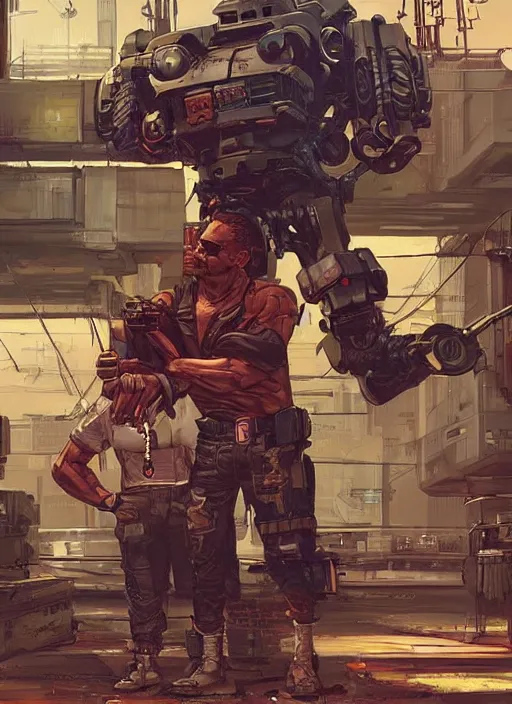 Image similar to Dumb Thug. Buff cyberpunk meathead fighting a small robot. Realistic Proportions. Epic painting by James Gurney and Laurie Greasley. Moody Industrial setting. ArtstationHQ. Creative character design for cyberpunk 2077.