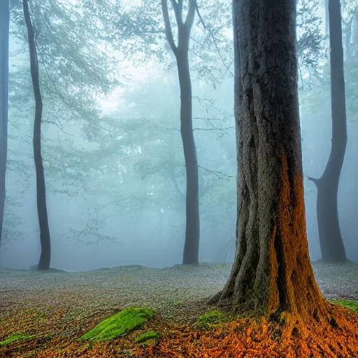 Image similar to ancient oak forest in blue hour light and misty waterfalls