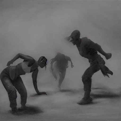 Image similar to portrait of women and men fighting in the dust, hard lighting, rule of thirds, spotlight, full body scene, by dirk dzimirsky, by arthur curry, by dylan eakin, hyperrealistic charcoal