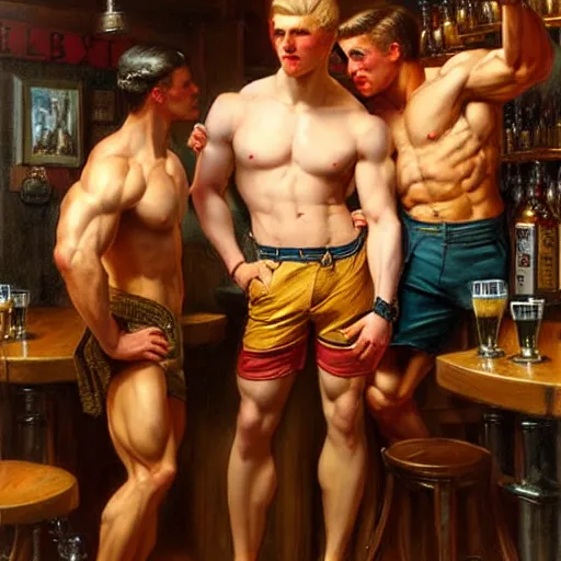 Image similar to attractive muscular maculine male with brunet hair and attractive muscular masculine male with blond hair. pants and shorts, drinking their hearts out, in a pub. highly detailed and very defined painting by j. c. leyendecker, gaston bussiere, craig mullins 8 k