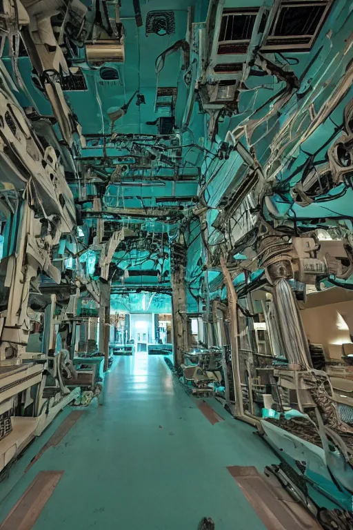 Prompt: interior of frightening and old robotic medical facility, mecha, teal, highly detailed, low light, horror theme