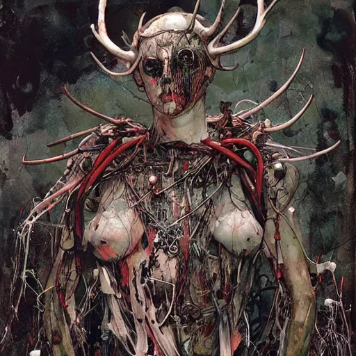 Prompt: tecno pagan god, wires antlers cybernetic implants, machine noir grimcore, in the style of adrian ghenie esao andrews jenny saville surrealism dark art by james jean takato yamamoto and by ashley wood