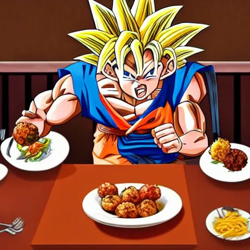 Image similar to goku sitting at a table at olive garden while he eats a plate of spaghetti and meatballs