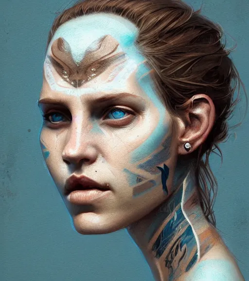 Prompt: portrait of a woman raised on the island face tatooes by greg rutkowski, dynamic lighting, gradient light blue, brown, blonde cream and white color scheme, grunge aesthetic