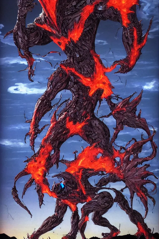 Image similar to The Dark Guyver Battles Kaiju On An Alien Planet With A Volcano Erupting In The Background,Full Figure,s Yasushi Nirasawa Cartoon Anime Style