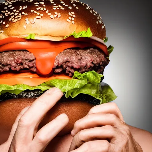 Prompt: macro photo still of donald trump! licking! a burger with his! tongue! out, mmmmm, studio portrait photo, studio lighting, rim light, key light, food photography, 3 5 mm f 1. 8