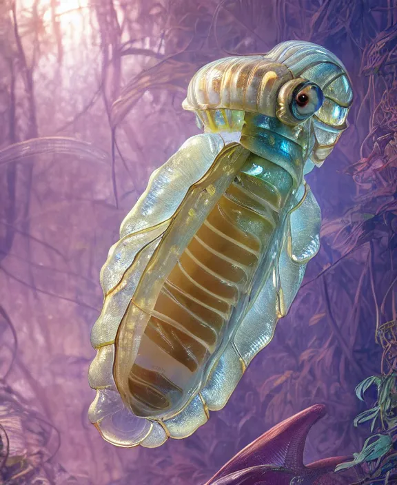 Prompt: intricate opulent transparent clear see - through portrait of a terrifying beautiful male human isopod sea slug, mottled coloring, adorable, childlike, overgrown retrofuturistic jungle environment, ultra realistic, concept art, art nouveau, photorealistic, octane render, 8 k, unreal engine. art by christopher marley and artgerm and greg rutkowski and alphonse mucha