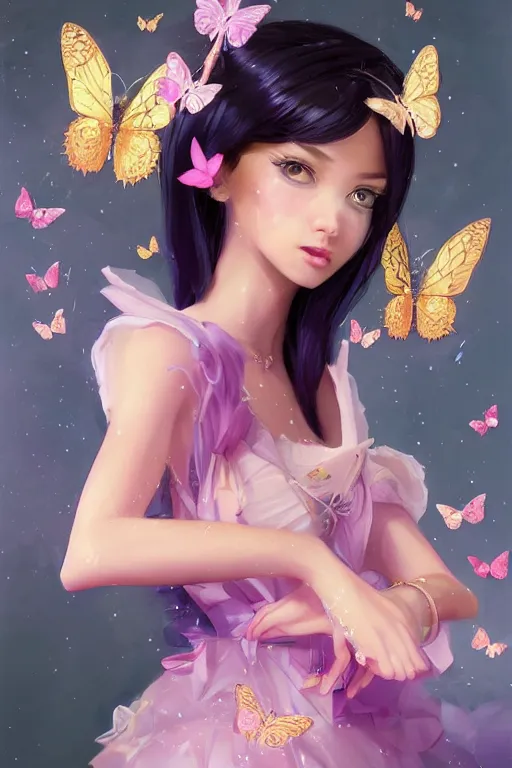 Prompt: beautiful princess in gold and purple pink dress, black hair, butterflies in her hands, soft lighting, symmetrical portrait, high quality, cinematic by WLOP and Rossdraws, concept art of character. Epic composition, hyperrealism, award winning artwork, realistic hair, artstation trend, high quality print, fine art with subtle redshift rendering,