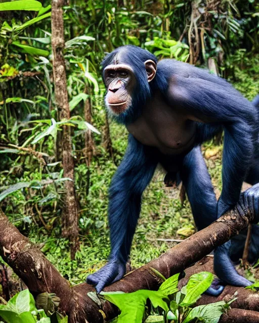 Prompt: a Chimpanzee, dressed as Wonder Woman, wearing tight fit Blue Jean pants, standing in the jungles of the Congo with a troop of Chimpanzees, photographed in the style of National Geographic, photorealistic