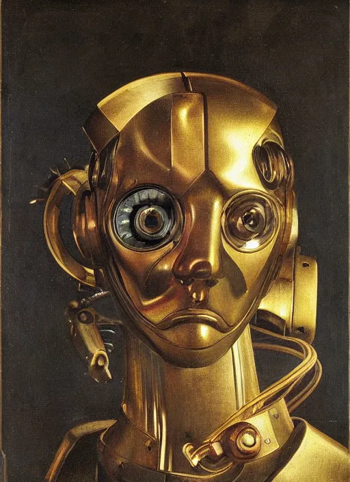 Image similar to a portrait of a robot cyborg by Petrus Christus, renaissance style