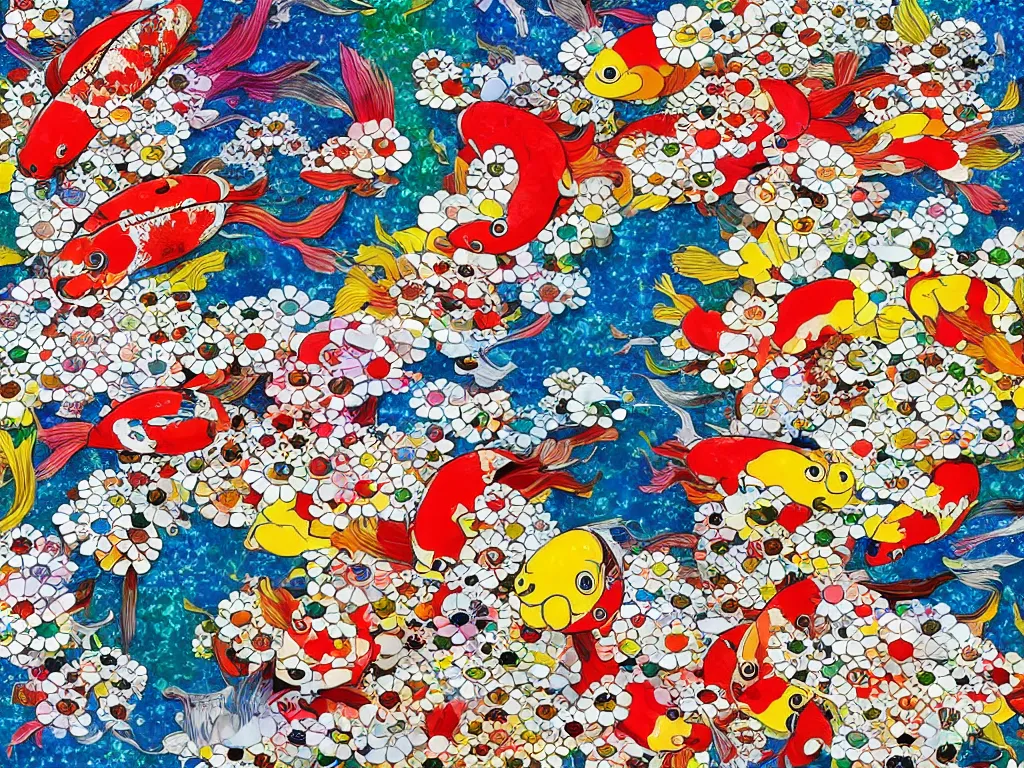 Prompt: colorful koi carp collage by takashi murakami, illustration, concept art, colorful, beautiful, studio ghibli, aoshima chiho, manga, cute and adorable