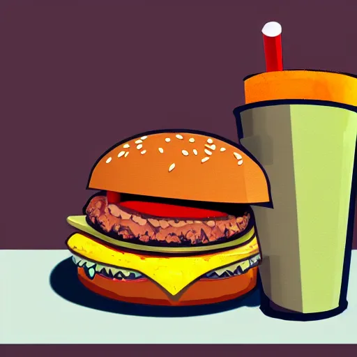 Prompt: a cartoon picture of a burger and a drink, concept art by derf, featured on deviantart, sots art, sketchfab, behance hd, concept art