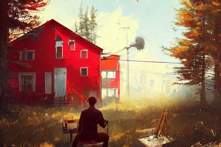 Image similar to a man in red playing the violin next to a yellow lightinghouse, the sun is shining and the ocean is blue, Painting, Fine Art, Unreal Engine, Ismail Inceoglu, Ivan Shishkin