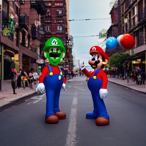 Prompt: Mario and Luigi attending Christopher Street Day, dramatic lighting, cinematic, photorealistic, award-winning, 4K