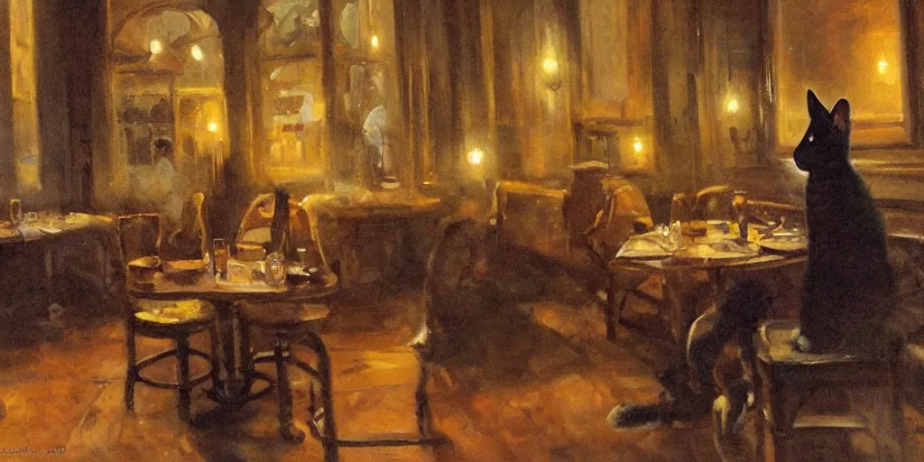 Image similar to brown cat with yellow eyes is sitting at table in a cafe at paris in early 2 0 th century. atmospheric feeling, warm colours, brown colours, yellow colours, epic scene, cinematic, very detailed, oil painting