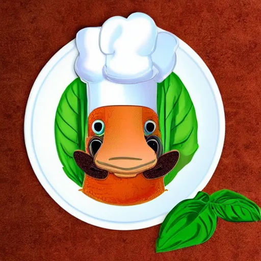 Prompt: cute platypus wearing a chef hat while holding a lasagna with three basil leaves over the lasagna
