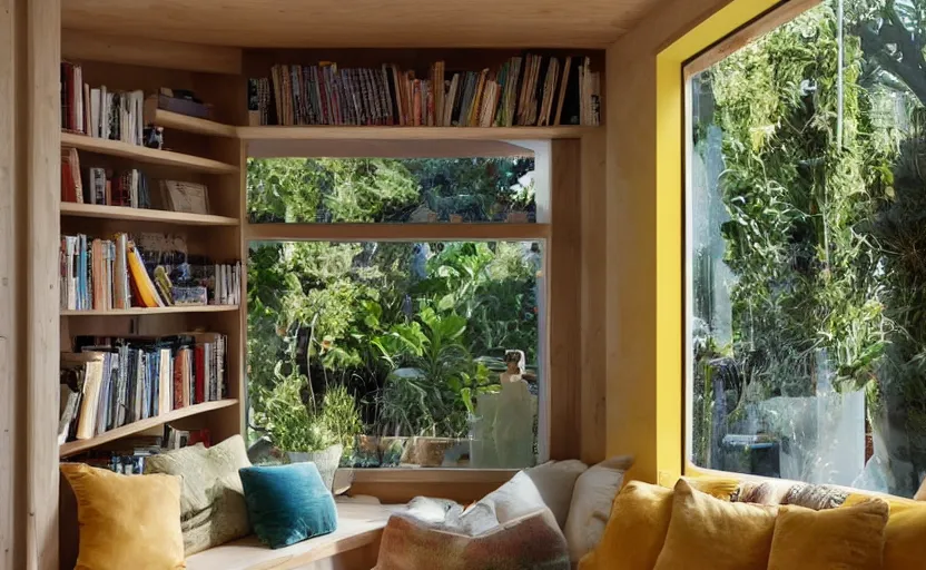 Image similar to interior desing magazine photo of a big window with a wooden frame to sit on, some sandy yellow pillows, there are just a few books and plants on a small integrated shelf, great architecture, ambient light, 8k