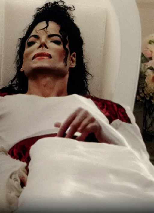 Image similar to photo still of michael jackson asleep inside a casket, full-shot, 4k