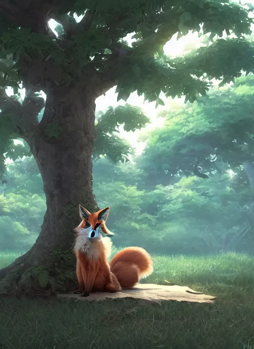 Image similar to a fox sitting curled up under a Sakora tree, subtle colors. Digital illustration, soft lighting, atmospheric lighting, 8K, octane render. By Makoto Shinkai, Stanley Artgerm Lau, WLOP, Rossdraws, James Jean, Andrei Riabovitchev, Marc Simonetti, krenz cushart, Sakimichan, D&D trending on ArtStation, digital art.