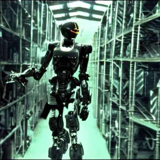 Prompt: metal gear robot in a wearhouse, dramatic shot, 1 9 8 7, movie still