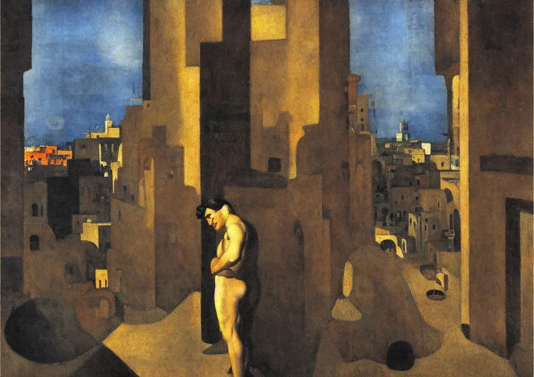 Image similar to a latino greek god following a watchful light through the streets of a city, muted color scheme, sparse detail, by george luks, joan miro and moebius