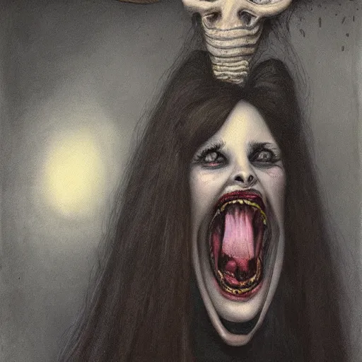 Prompt: a realistic painting of a beutiful female victorian vampire screaming by Santiago Caruso, H 1024 W 1024