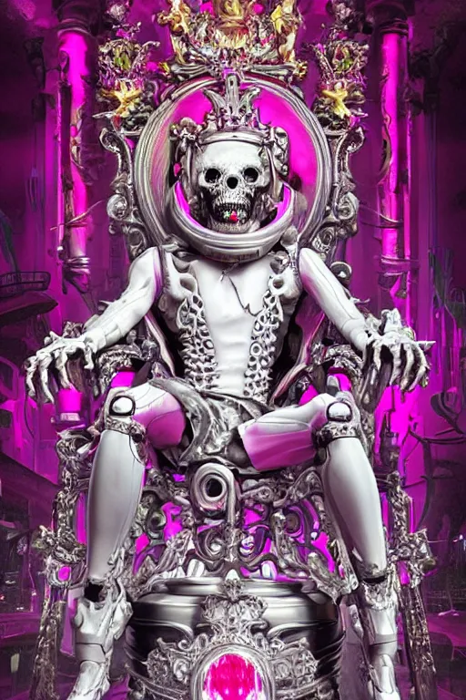 Image similar to full-body rococo and cyberpunk style neon statue of a young attractive portugues macho dotado e rico android sim roupa reclining con piroca dura, glowing white laser eyes, prince crown of pink gears, diamonds, swirling silver-colored silk fabric. futuristic elements. full-length view. space robots. human skulls. intricate artwork by caravaggio. Trending on artstation, octane render, cinematic lighting from the right, hyper realism, octane render, 8k, depth of field, 3D