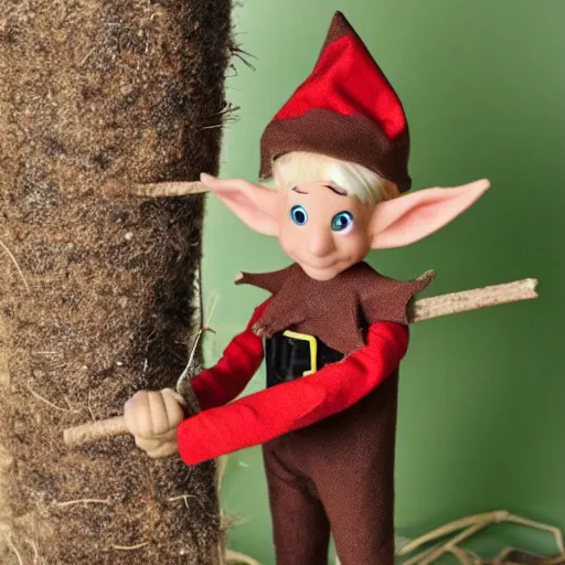 Image similar to an elf with spiky blonde hair wearing tan overalls and holding a stick of dynamite