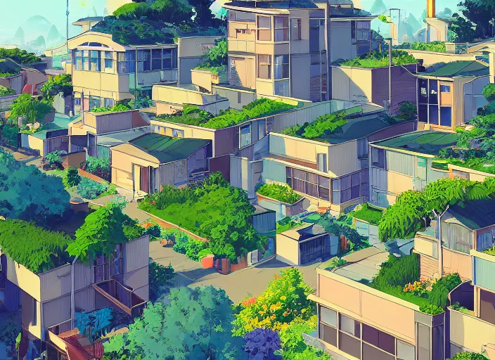 Prompt: digital illustration of idyllic suburban neighborhood with rooftop gardens and sustainable energy initiatives + single family homes : : modern architecture by makoto shinkai, ilya kuvshinov, lois van baarle, rossdraws, basquiat | afrofuturism, in the style of hearthstone, trending on artstation | cool color scheme