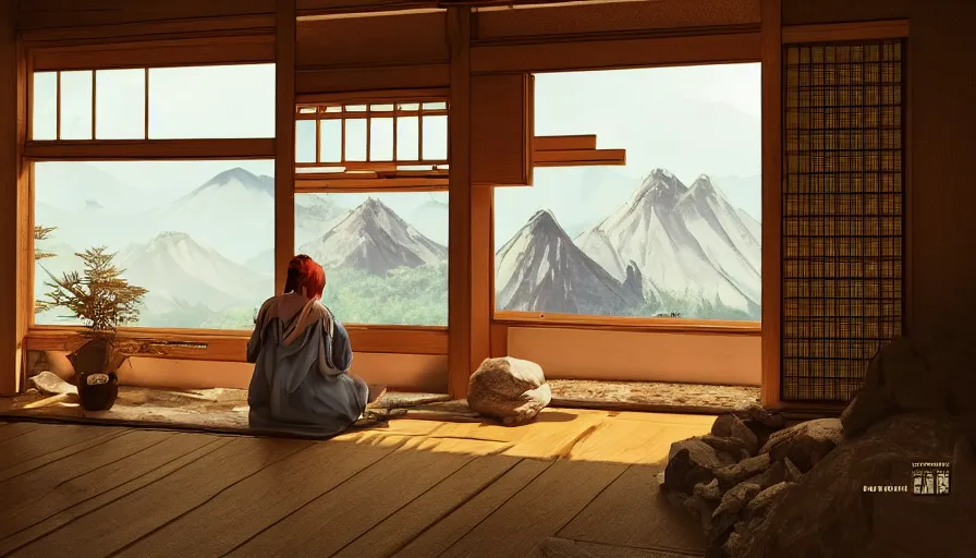 Image similar to woman on the floor looking mountains through windows in old japanese house built on mountains, hyperdetailed, artstation, cgsociety, 8 k