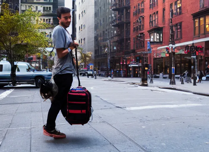 Image similar to photography of a Cat being carried in an half open backpack . in a new york street. award winning photo, led lighting, night, 130mm, sharp, high res