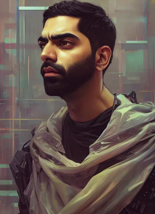 Image similar to a full body portrait oil painting illustration of rahul kohli by justin sweet and greg rutkowski and alphonse mucha with face and body clearly visible, techwear, futuristic, cyberpunk, artstation trending, high quality, sombre mood, artstation trending, abstract colours, no crop, entire character!,