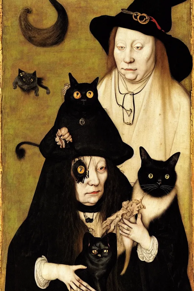 Image similar to painted portrait of a creepy witch with a fat black cat, 1 6 th century, hans holbein the younger, jan van eyck, gerit dou,