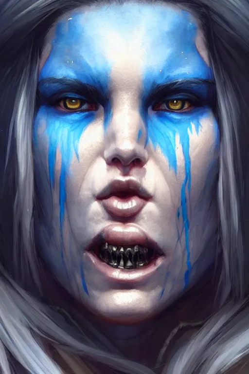 Image similar to portrait of a celtic feral berserker woman with blue warpaint, medium shot, portrait, concept art, natural lighting, illustration, full color, highly detailed, photorealistic, by greg rutkowski and artgerm, artstation,