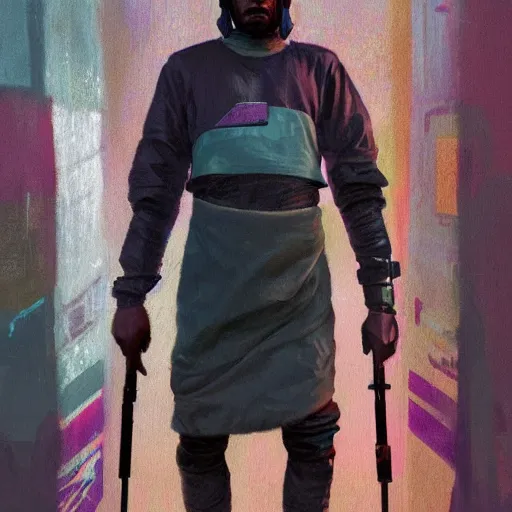 Image similar to a full body sci-fi portrait, oil painting, illustration of an old African Jedi, techwear, colourful, by Justin Sweet and Greg Rutkowski and Alphones Much