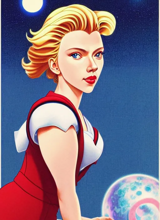 Image similar to perfectly centred realistic portrait of scarlett johansson as a sailor moon, looking in the mirror, in a business suit, ready for work, futuristic office, highly detailed, 8 0 - s style poster, sharp focus, illustration, art by kawase hasui,