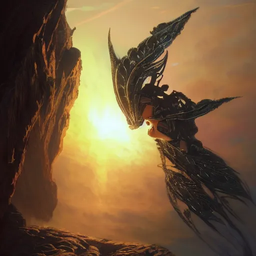 Image similar to illuminated tron wings in front sunset, cliffside ocean scene, backlit, diffuse lighting, hyper realistic, elegant, intricate, hyper detailed, smooth, sharp focus, concept art, illustration, trending on artstation, art by artem demura, greg rutkowski, james gurney, and alphonse mucha