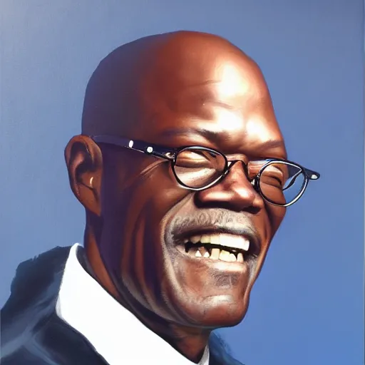 Image similar to A portrait of Samuel Jackson, (((half of his face is a skeleton))), dark blue gradient background, realistic, oil painting