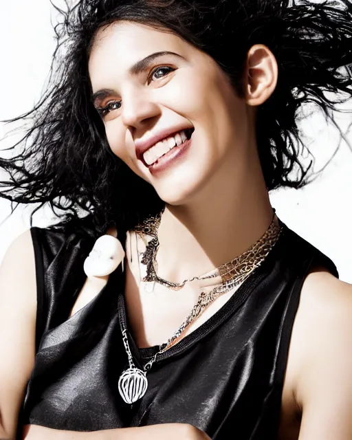 Image similar to a portrait of a beautiful Young female with long disheveled black hair, beautiful and smiling, sweet looks, white skin and reflective eyes, black tank top, black leather shiny jeans, an ankh necklace white colors in the background, by David Lazar and Annie Leibovitz 500px photos, top cinematic lighting , cinematic mood, very detailed, shot in canon 50mm f/1.2