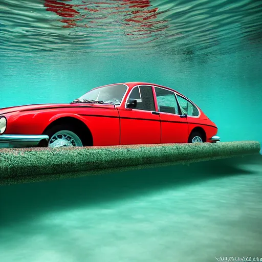 Image similar to hyperrealistic photo of an old jaguar car underwater in a swimming pool, 4 k, 8 k, thin film, full shot