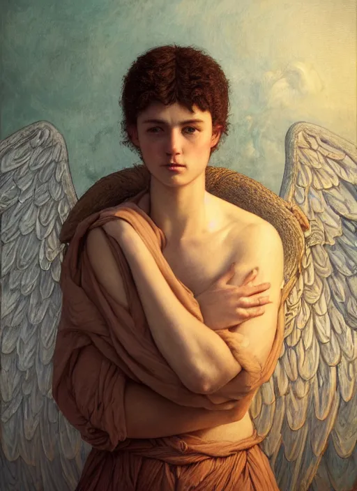 Image similar to intricate oil painting portrait by John William Godward and Anna Dittman and Laurie Greasley and Victo Ngai and Taro Okamoto and Caspar David Friedrich depicting michael the archangel, evening, atmospheric lighting, intricate detail, cgsociety, hyperrealistic, octane render, RPG portrait, ambient light, dynamic lighting