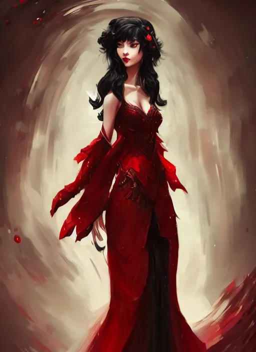 Image similar to a highly detailed illustration of hime cut black long haired woman wearing red dress, dramatic elegant smiling pose, perfect face, perfect body, intricate, elegant, highly detailed, centered, digital painting, artstation, concept art, smooth, sharp focus, league of legends concept art, wlop