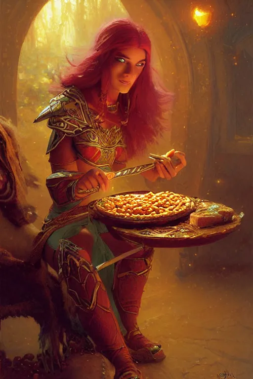 Prompt: extremely detailed painting of a beautiful night elf, in a set of night elf armor, eating baked beans, painting by gaston bussiere, craig mullins, greg rutkowski,