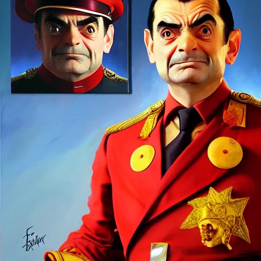 Image similar to ultra realistic portrait painting of mr bean as m. bison from street fighter, art by frank frazetta, 4 k, ultra realistic, highly detailed, epic lighting