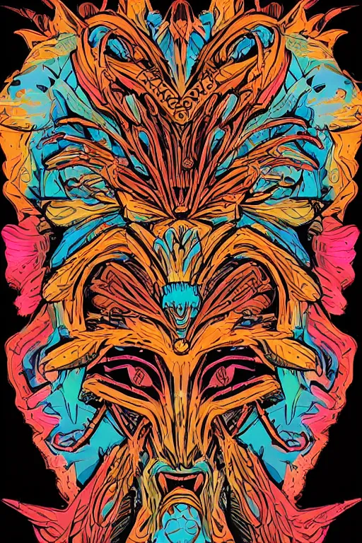 Image similar to animal mask totem roots flower tribal feather gemstone plant wood rock shaman vodoo video game vector cutout illustration vivid multicolor borderlands comics by josan gonzales and dan mumford radiating a glowing aura